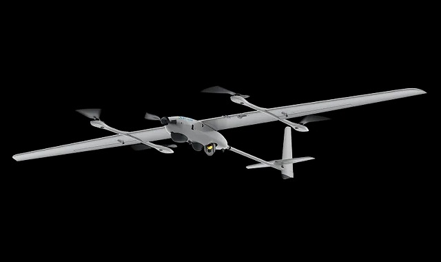 A fixed-wing uncrewed aircraft with twin tail booms and multiple lift rotors, photographed against a black background.