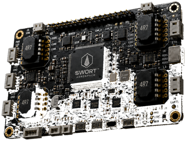 Three-quarter view of an illustrative black SWORT Aerospace avionics board with processors, power components, communication interfaces, sensor connectors, headers, and corner mounting holes.